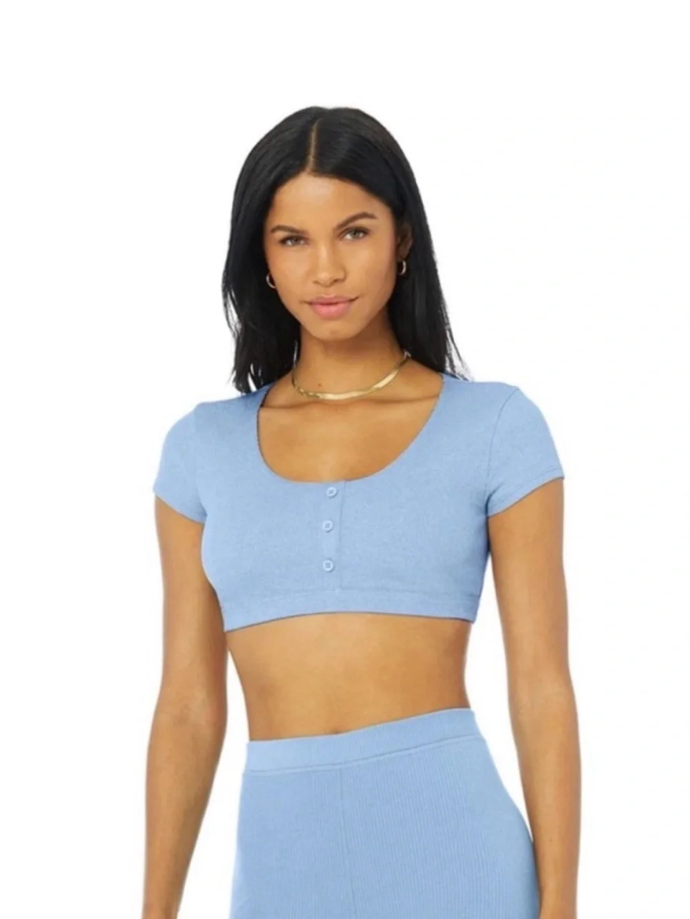 ALO Yoga Blissful Henley Bra Top in Sky Blue Size Large